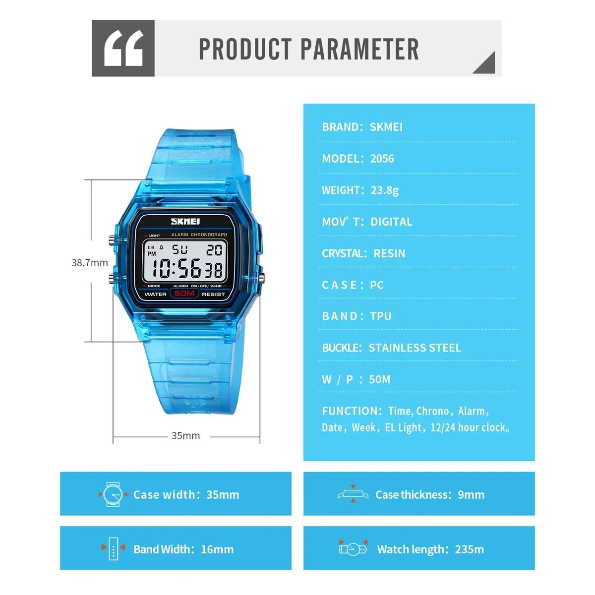 SKMEI 2056 Waterproof Sports Watch for Men Women Electronic Countdown Boy Girl Digital Date Wristwatches Woman Reloj Masculino