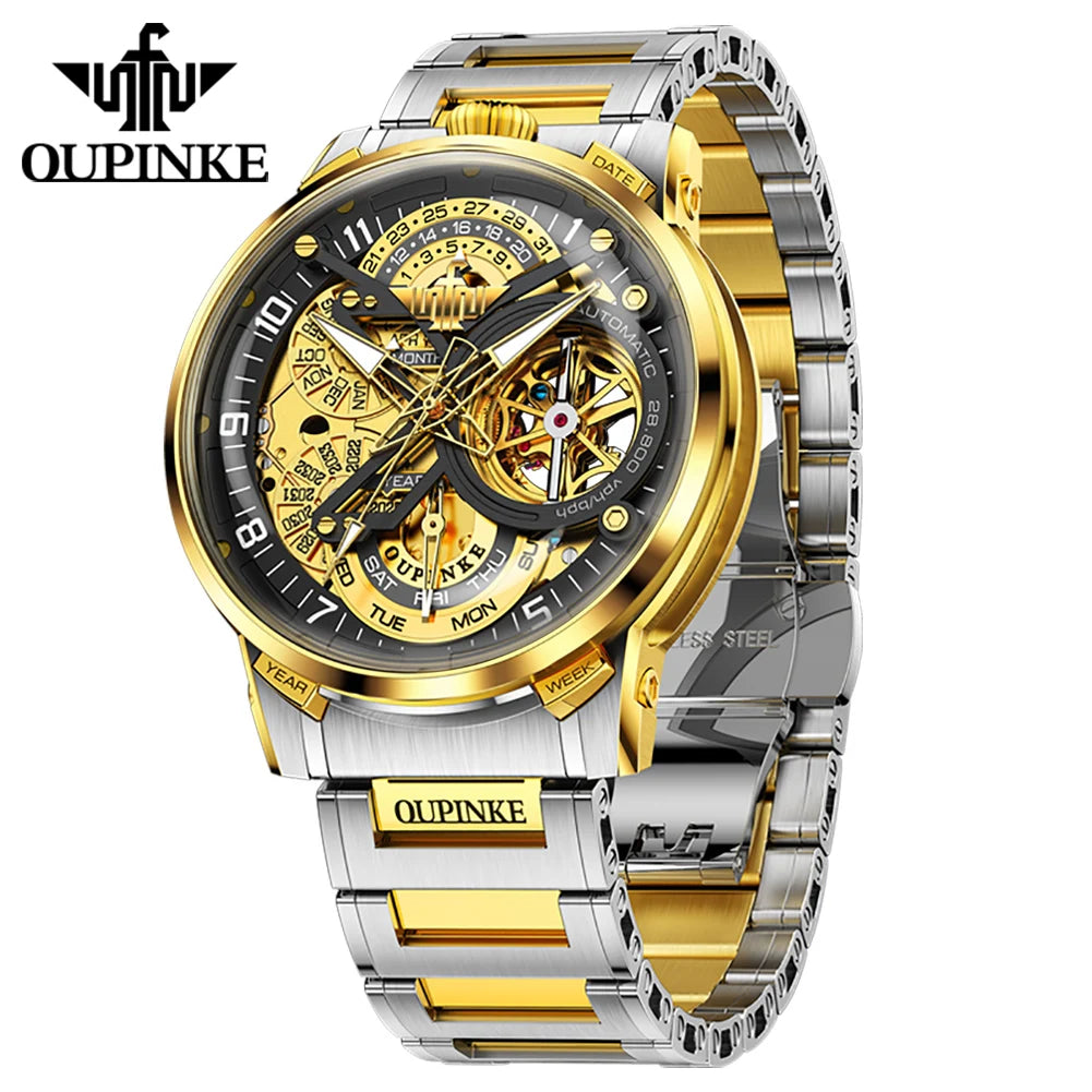 OUPINKE Black Steel Tourbillon Mens Wrist Watches Skeleton Automatic Mechanical Watch Fashion Wrist Watch Mens Sapphire