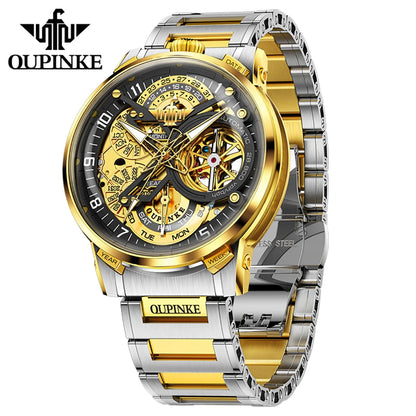 OUPINKE Black Steel Tourbillon Mens Wrist Watches Skeleton Automatic Mechanical Watch Fashion Wrist Watch Mens Sapphire