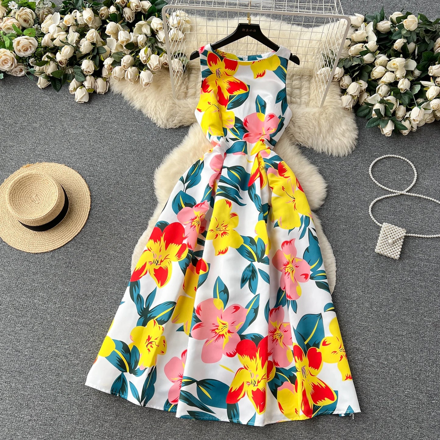 French Elegant Floral Dress Women Retro Round Neck Sleeveless Print Party Dresses Summer Slim A-line Vintage Long Robe Vestidos