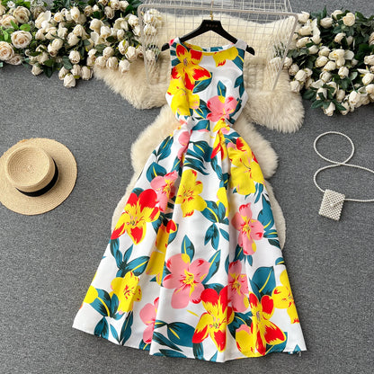 French Elegant Floral Dress Women Retro Round Neck Sleeveless Print Party Dresses Summer Slim A-line Vintage Long Robe Vestidos