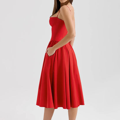 Suninheart Spaghetti Strap Summer Party Dresses 2025 New Arrivals Fit and Flare Elegant Midi Dress Red Night Date Dress