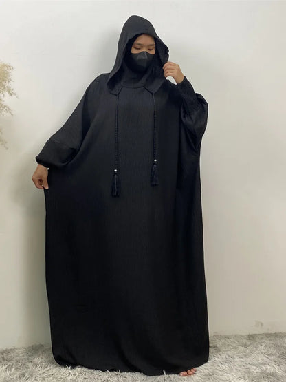 Hot Seller Ramadan Islamic Clothing Wrinkle Polyester Hoodie Abaya Dress With Undercap Muslim Women Abaya Hoodie Causal Dresses