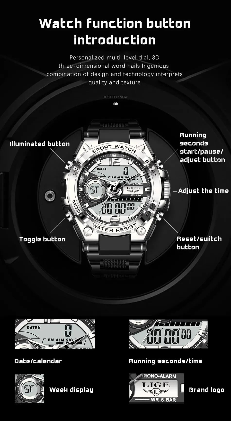 Men Military Watch Digital 50m Waterproof Wristwatch LED Quartz Clock Sport Watch Male Big Watches Men Relogio Masculino