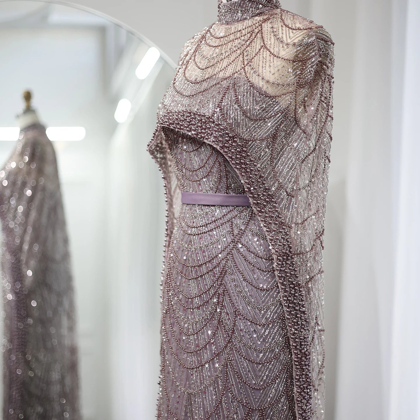 Sharon Said Luxury Pearls Dubai Champagne Evening Dresses with Cape New Arabic Women Mermaid Wedding Party Prom Dress SS369