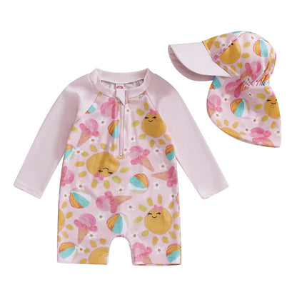 Toddler Girls Boys Beach Wear Kids Swimwear Summer Long Sleeve Floral/Tropical Print Zip Up Bathing Suits with Hat For Swimsuit
