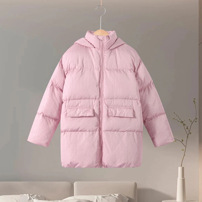 Printed Hooded Puffy Cotton Jacket Women Stand Collar Long Sleeve Zipper Loose Padded Coats 2025 Winter Lady Warm Outwear Street
