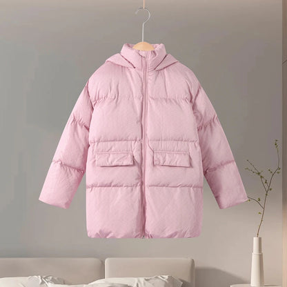 Printed Hooded Puffy Cotton Jacket Women Stand Collar Long Sleeve Zipper Loose Padded Coats 2025 Winter Lady Warm Outwear Street