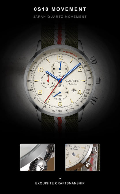 CADISEN Men's Watches Luxury Quartz Watch For Men Japan MIYOTA 0S10 Movt Canvas Strap Chronograph Waterproof Men's Wristwatch
