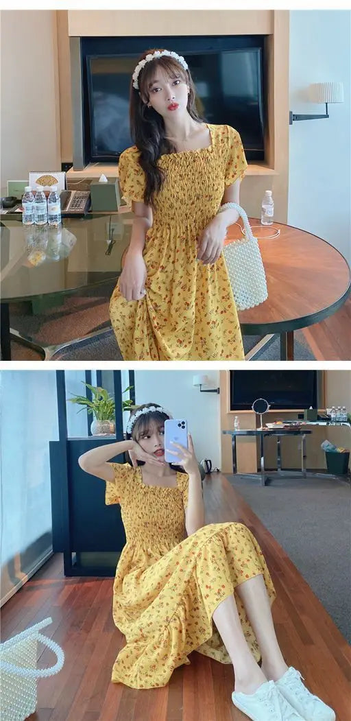 2025 Spring Summer New Dress Women Mini Dresses Female Short Sleeve Elastic Bust Printed Floral Pleated Backless Casual Dress