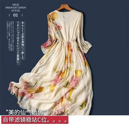 Limiguyue Summer Floral Print Silk Dresses Double Layers Ruffle Beaded Button A-Line Dress Elegant Chiffon Long Vestidos Z044