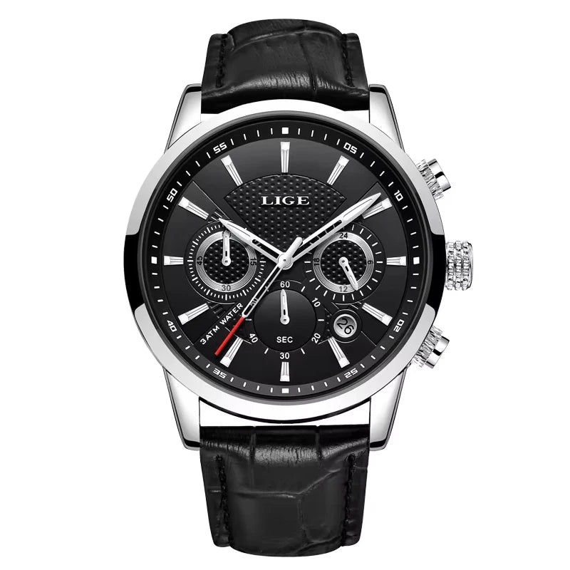 LIGE Mens Watches Luxury Waterproof Sport Man Watch Chronograph Military Genuine Leather Men Quartz Wristwatch Relogio Masculino