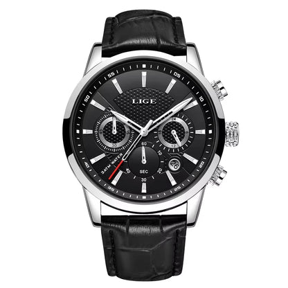 LIGE Mens Watches Luxury Waterproof Sport Man Watch Chronograph Military Genuine Leather Men Quartz Wristwatch Relogio Masculino