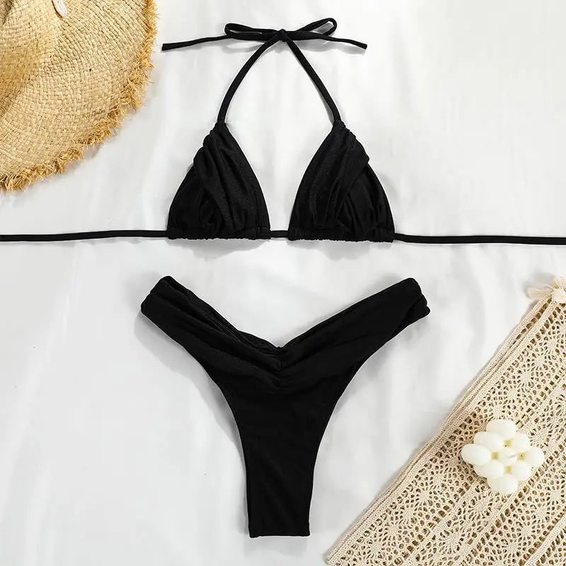 Sexy Bikini Set 2024 New Solid Pleated Bikini Swimwear Push Up Halter Swimsuit White Color Bathing Suits for Women
