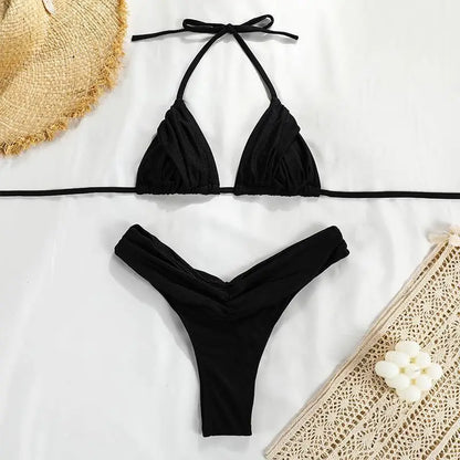 Sexy Bikini Set 2024 New Solid Pleated Bikini Swimwear Push Up Halter Swimsuit White Color Bathing Suits for Women
