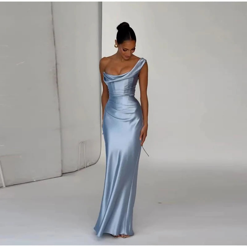 One Shoulder Satin Women 's Maxi Dress Cowl Neck Ruched Waist Bodycon Dresses 2026 Summer Woman Formal Evening Party Vestidos
