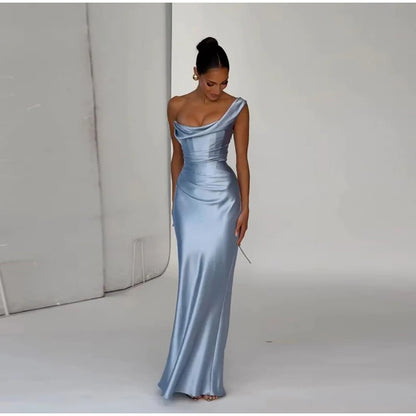 One Shoulder Satin Women 's Maxi Dress Cowl Neck Ruched Waist Bodycon Dresses 2026 Summer Woman Formal Evening Party Vestidos