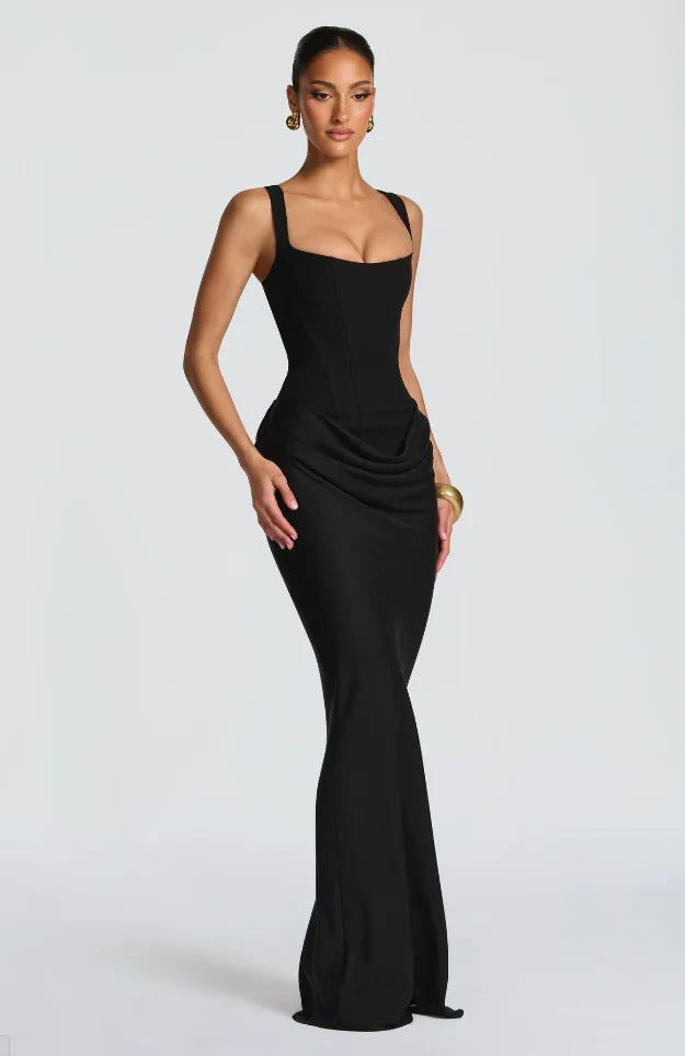 Solid Pleated Sling Dress Women Square Neck Sleeveless Off-shoulder Waist Cinching Slim Dresses Lady Evening Party Gowns 2025