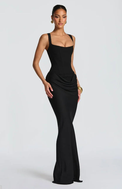 Solid Pleated Sling Dress Women Square Neck Sleeveless Off-shoulder Waist Cinching Slim Dresses Lady Evening Party Gowns 2025