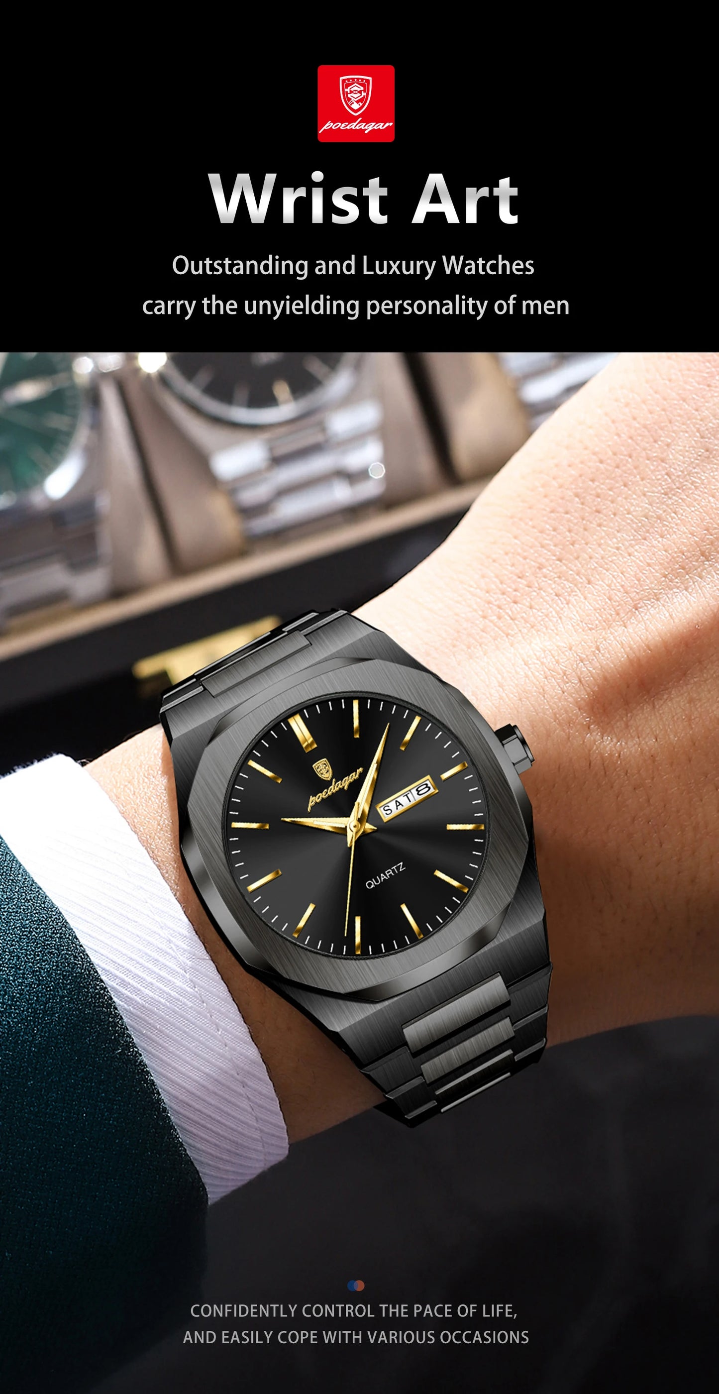 POEDAGAR Fashion Brand Man Clock Luminous Waterproof Stainless Steel Men's Watch Date Week Quartz Business Watches For Men Reloj
