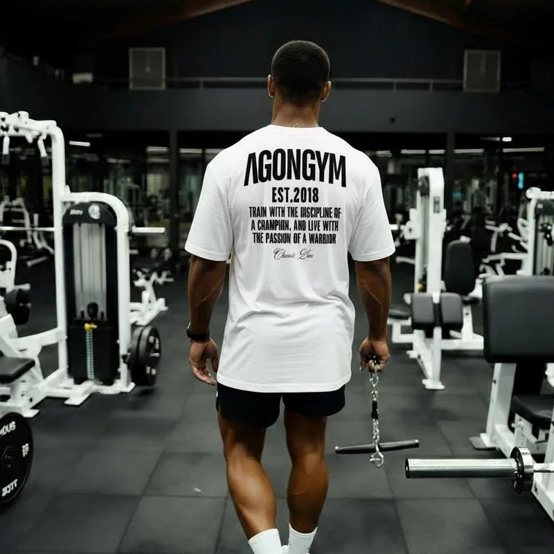 AGONGYM New Fashion Trend Men T-shirt Sports Cotton Short Sleeves Loose Shirts Bodybuilding Fitness Comfortable Slim Fit Tee Top