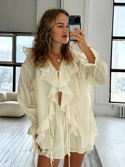 Casual Ruffled Shirt Shorts 2-Piece Set Women V Neck Flare Sleeve Lace-up Loose Blouse Shorts Suit Summer Beach Vacation Outfits