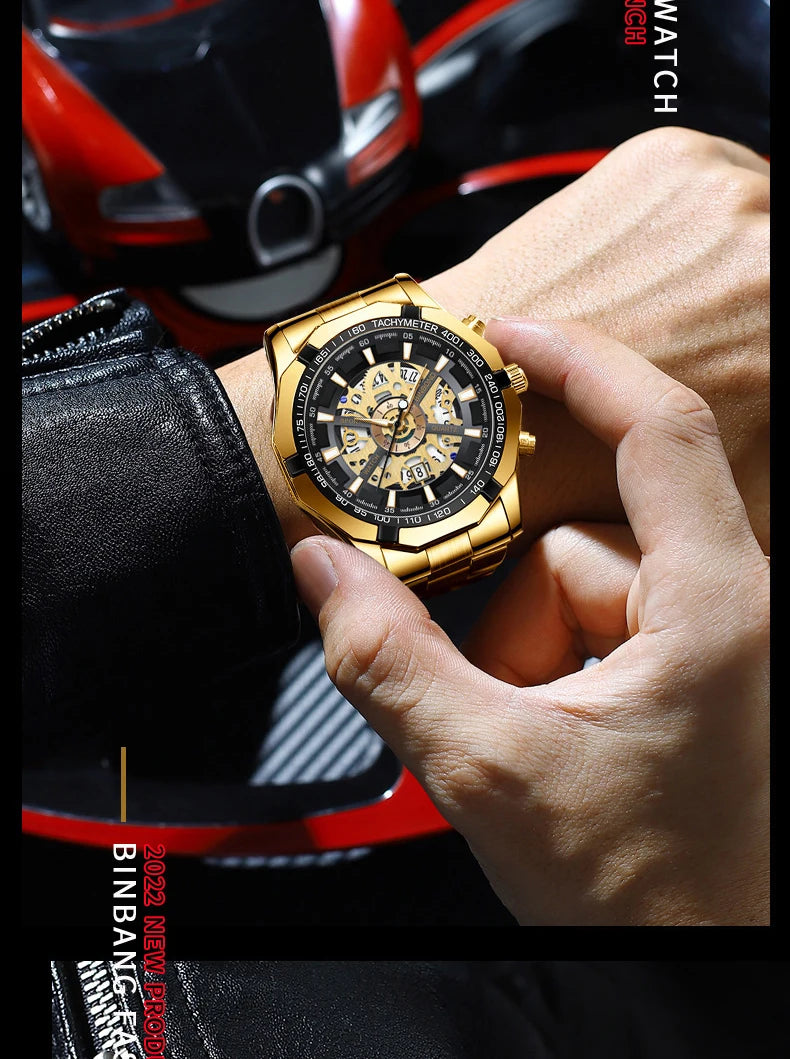 BINBOND S033 Luxury Hollow Non-Mechanical Business Quartz Men Watches 30M Waterproof Trendy Hollow Design Classics Men Watches