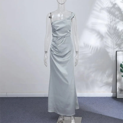 One Shoulder Satin Women 's Maxi Dress Cowl Neck Ruched Waist Bodycon Dresses 2026 Summer Woman Formal Evening Party Vestidos