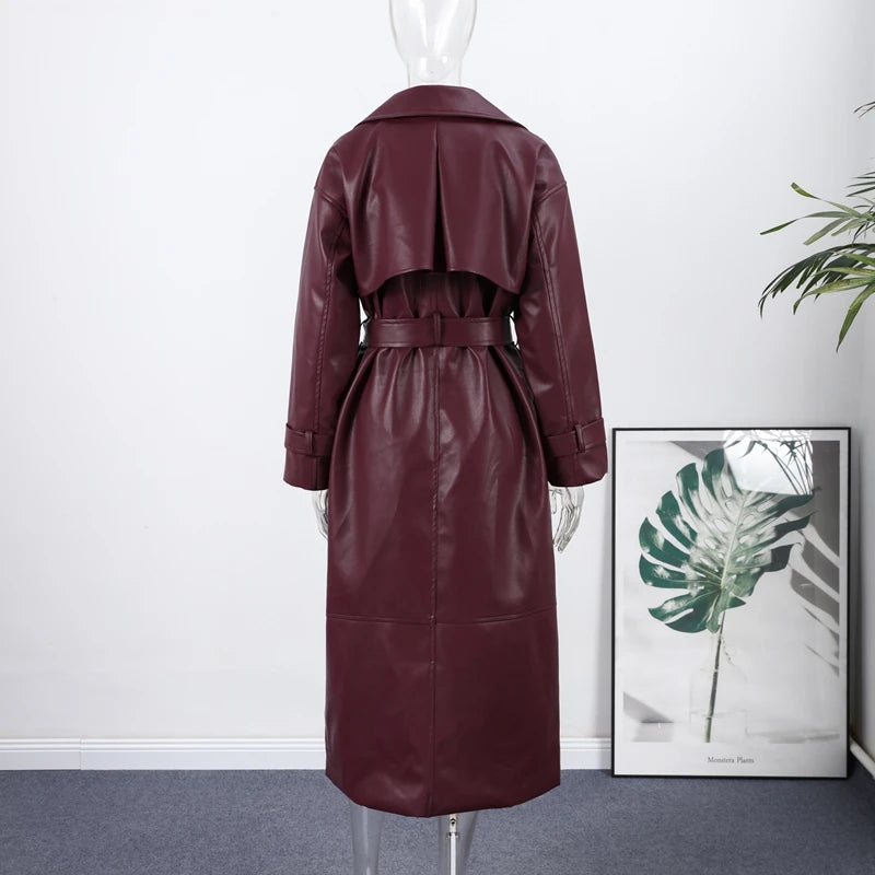Street Pu Leather Women Long Coat Y2K Solid Belt Lapel Pocket Full Sleeve Female Jacket 2025 Autumn Winter Lady Outwear New