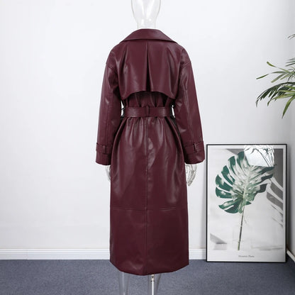 Street Pu Leather Women Long Coat Y2K Solid Belt Lapel Pocket Full Sleeve Female Jacket 2025 Autumn Winter Lady Outwear New