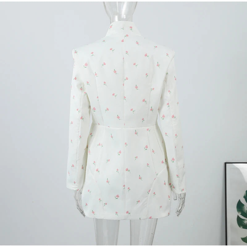 White Waist Cinching Floral Shoulder Pad Blazer Long Sleeve Single Breasted Jacket for Summer 2025 Elagant Female Outwear