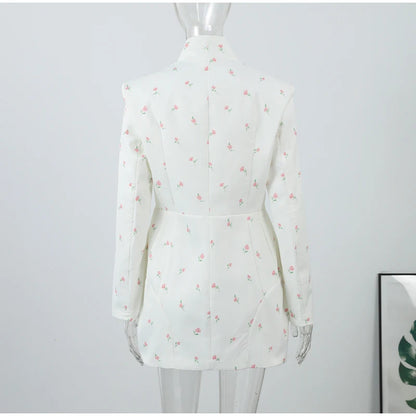 White Waist Cinching Floral Shoulder Pad Blazer Long Sleeve Single Breasted Jacket for Summer 2025 Elagant Female Outwear