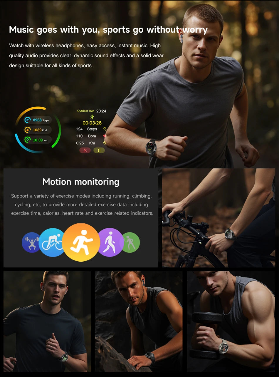 NFC Smart Watch Wireless Earphone 2 in1 Bluetooth Call Men Smart Watches Heart Rate Monitor Music Playing Headphones Smartwatch