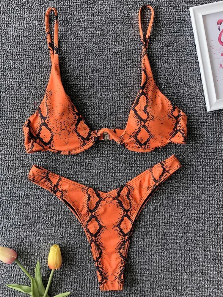 Sexy Neon V-bar Underwired Bikini 2025 Female Ribbed Swimsuit Women Thong Swimwear Two-pieces Bikini set Push up Bathing Suit