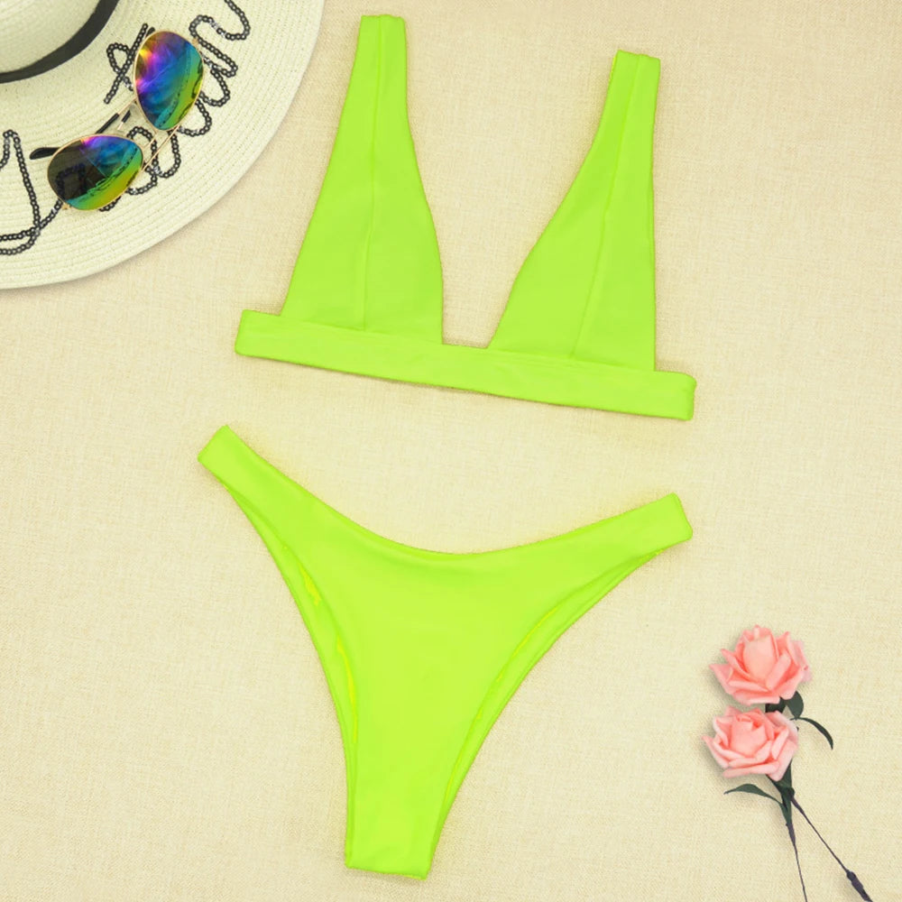 2023 New Sexy Solid Bikini Women V-neck Swimwear Two Pieces Swimsuit Female Low Waist Bikini Set Brazilian Bathing Suit Bathers